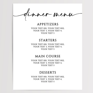 Dinner Menu Printed Wedding Signs